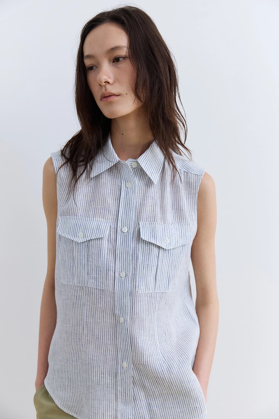 포트오브콜 marina linen sleeveless shirt_white stripe